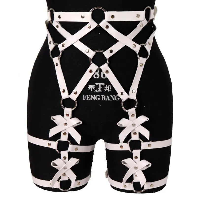 Belts White Bow Garter Belt Leather Leg Ring Metal Punk Cage Suspender Waist Adjustable Strap Stockings Thigh Lingerie Body Harness