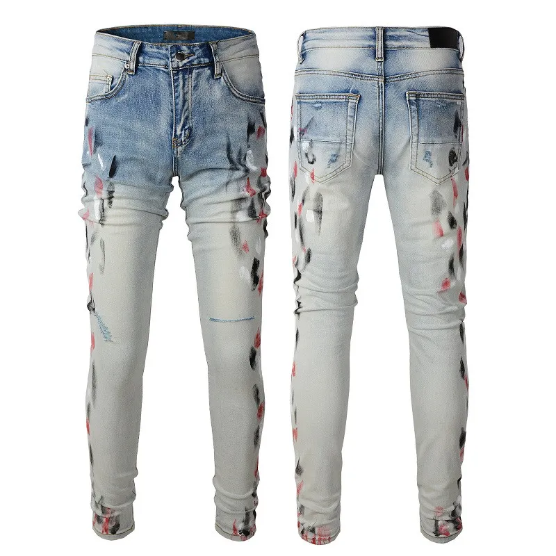 2024 Jeans Mens Pintura Denim Skinny Slim Biker Moto Hip Hop Perna Reta Luz Azul Patch Vintage Distress Stretch para Homem Caras Joelho Rasgado Fits P