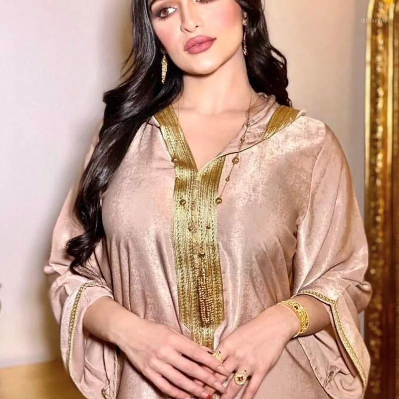 Etniska kläder Ramadan Eid 2022 Kvinnor Jellaba Dubai Hooded Abaya Loose Maxi Dress Jalabiya Muslim Long Sleeve Braid Trim Party Gown Marocko Marocko