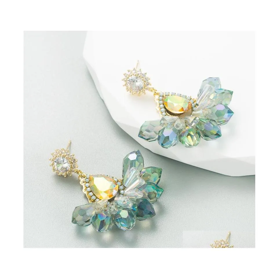 Bengelen kroonluchter mode -sieraden S925 post licht luxe barokke kristal oorbellen geometrische bloemstïne -strass druppel levering dhpjp