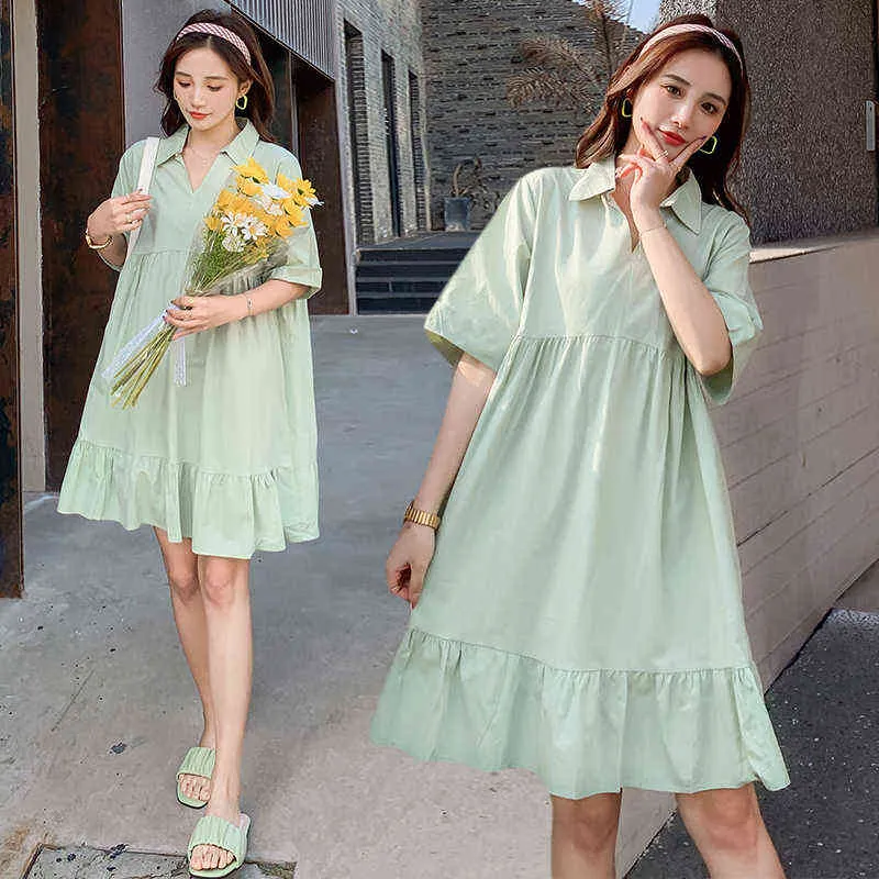 Korean Style Loose Green Nursing Dress Short Sleeve TurnDown