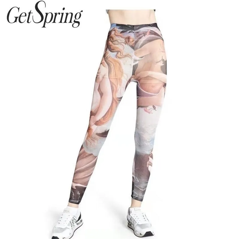 GetSpring WomenレギンスプリントメッシュハイウエストレギンススリムロングレディースレギンスルーズプラスレディースボトムパンツNEW 201014