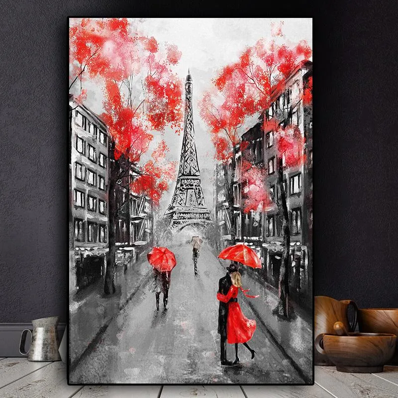 회화 북유럽 낭만적 인 도시 캔버스 커플 파리 에펠 탑 포스터와 인쇄 홈 장식을위한 벽 예술 사진