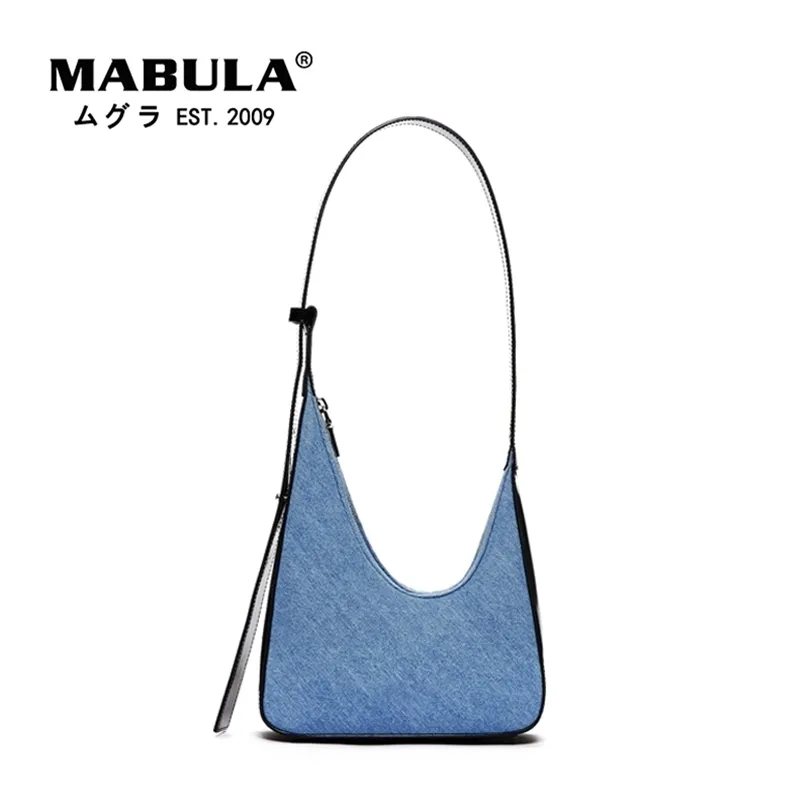Mabula Half Moon Fashion Women Underarm axelväskor denim Blue Elegant Tote Handväskor Lady Daily Phone Purse Work Bag 220815