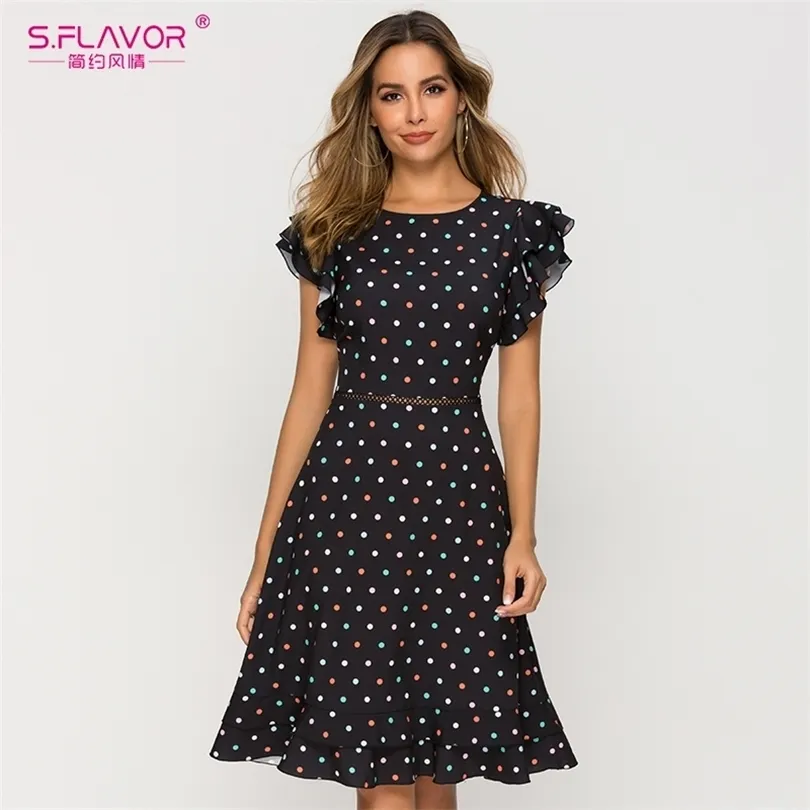 SFLAVOUR Sexy Taille Évider Femmes Robe D'été Oneck Dot Point Chic Robe Femme Slim Mode Aline D'été Robes T200613