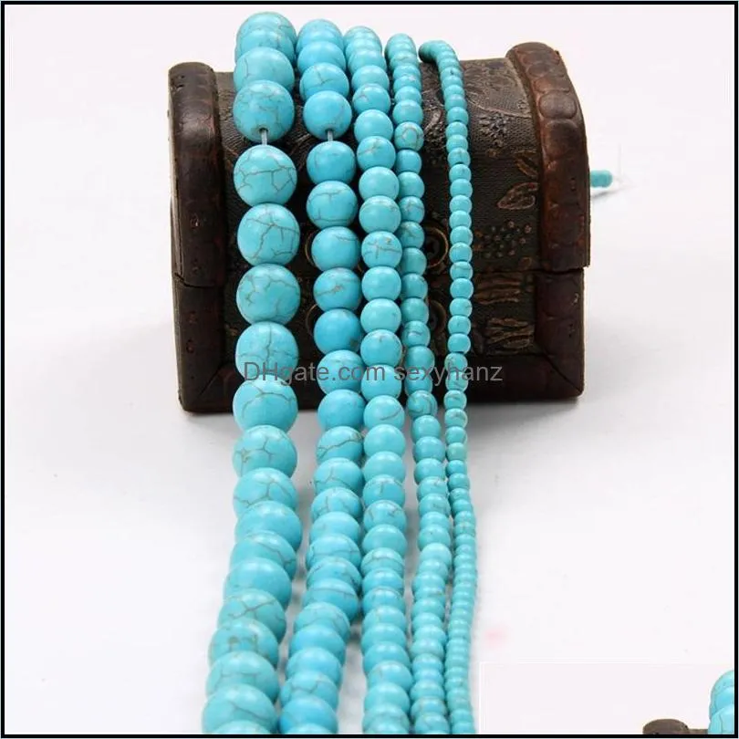 Sten lösa pärlor smycken vit blå turkos runda distansfynd 4/6/8/10/12 mm för att göra DIY hantverk pärlmaterial 370 t2 droppe leverans