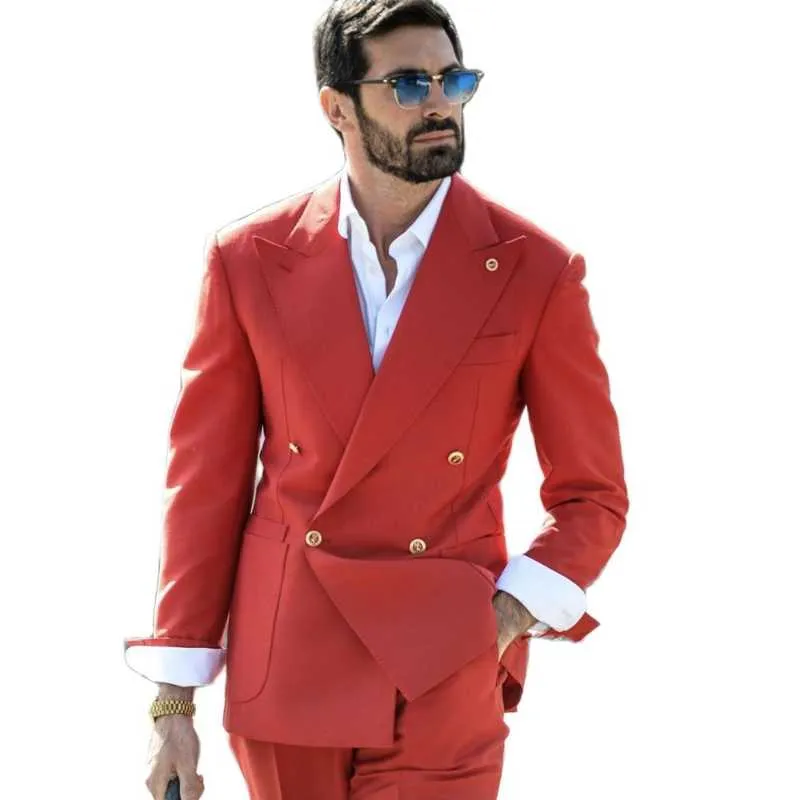 Erkekler Suits Blazers Hafif Kırmızı Moda Yaz Erkekler İnce Fit Ceket 2 Parça Çifte Göğüslü Klasik Düğün Damat Giyim/Blazer Pantolon Altın Butt