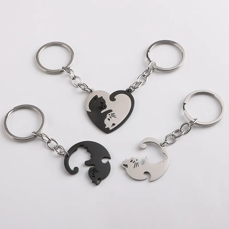 Love Cat Key Chain Couple Key Ring Favor Gunst roestvrij staal Anti Lost Keychain Bag Hangende accessoires Paar Creatief geschenk