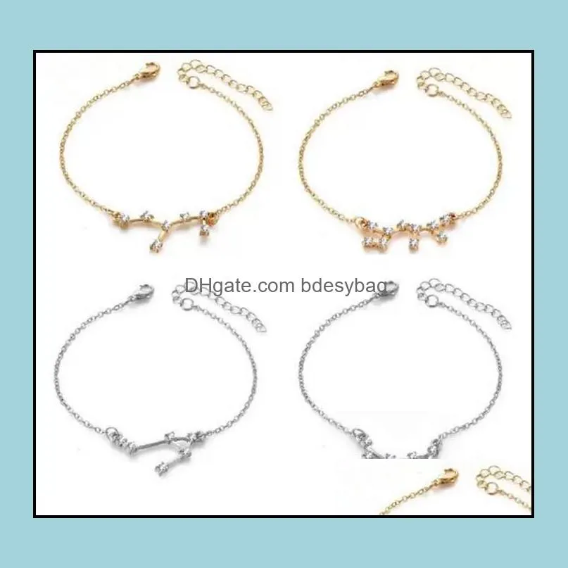 Braccialetti con ciondoli Gioielli 12 Oroscopo Zircone Segni zodiacali Bracciale Oro Sier Costellazioni per le donne Con carte regalo Consegna goccia all'ingrosso