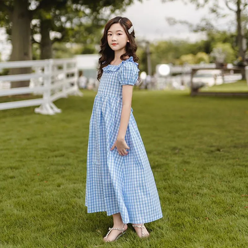 Girls Summer Plaid Cotton Maxi Dresses Casual Fashion for Teenager Kids 18Y