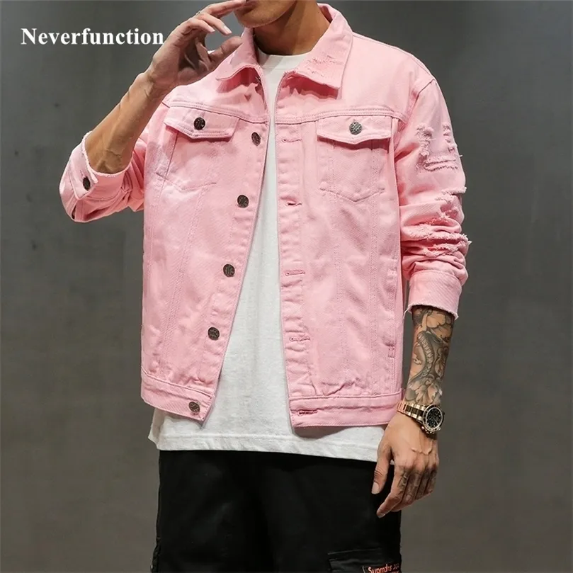 Плюс размер 5xl Pink Black Ruped Jeans Jeans Jackets Hip Hop Streetwear отверстия повседневная мода Мужчины Женщины Женщины Сплошное пальто 201128