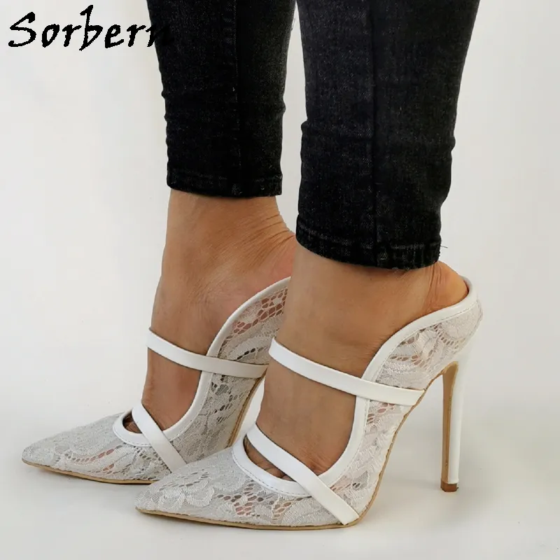 Sorbern vit spets kvinnor pump klänning sko stilettos högklacka mulor glida på spetsig toe mary jane mogna stil sko anpassad färg
