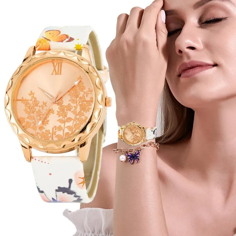 Kol saatleri basit çiçek altın yüz tasarım kadın saatleri lüks moda bilek saati kadınlar için 2022 zarif bayanlar kuvars deri saat