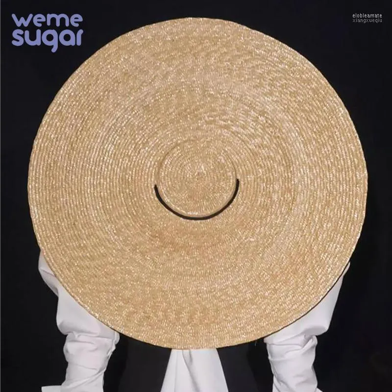 Weme Large Brim Wheat Straw Boater Hats for Women15cm 18cmリボンボウノットLayiesビーチキャップワイドELOB22