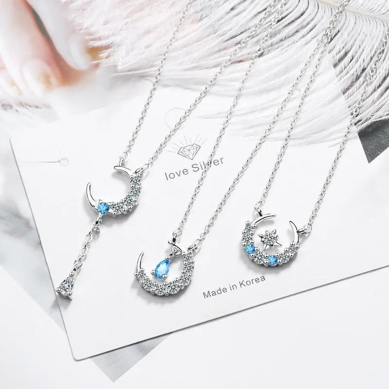 Kedjor Fashion 3 Styles Star Moon Necklace Blue Zircon Embelled Water-Drop Shaped Jewelry for Womenchains