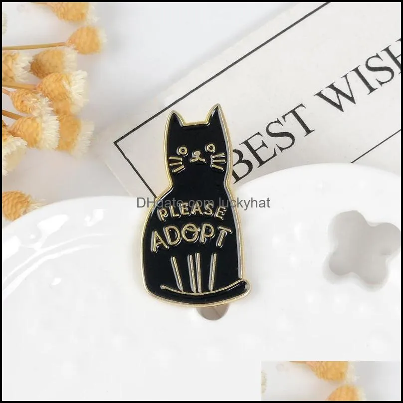 Black Enamel Cat Brooches Button Pins for clothes bag Please Adopt The Badge Of Cartoon Animal Jewelry Gift for friends C3