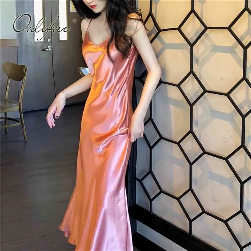 Ordifree 2021 Summer Women Długie satynowe sukienka poślizgowa spaghetti pasek imprezowy vintage różowy złoty czarny jedwabny silk seksowna sukienka maxi 210322