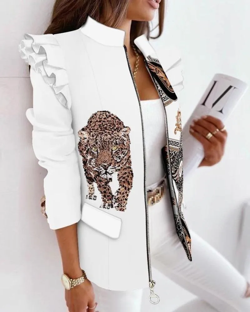 Trajes de mujer Blazers Chaqueta americana colorida para mujer Estampado de leopardo con volantes de manga larga Traje con cremallera Ropa de talla grande BlazersMujer