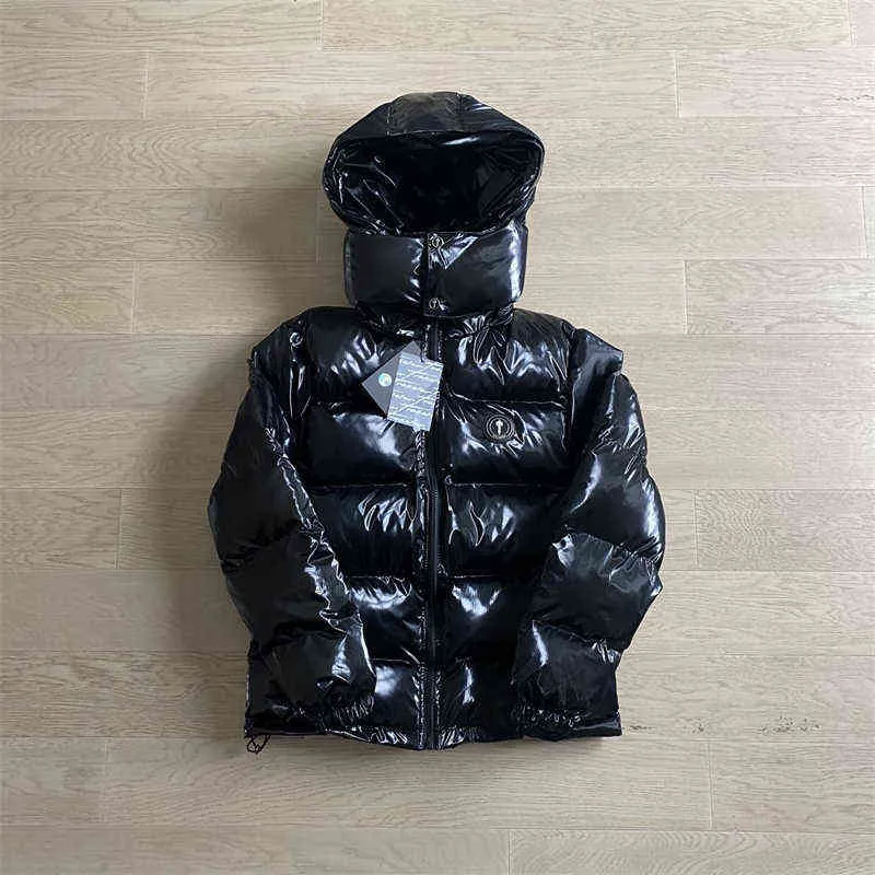 Män Dam Kappor Trapstar Hoodie Bokstavsbroderi Glänsande Svart Irongate Jacka Avtagbar huva Toppkvalitet Winter Thermal T220802