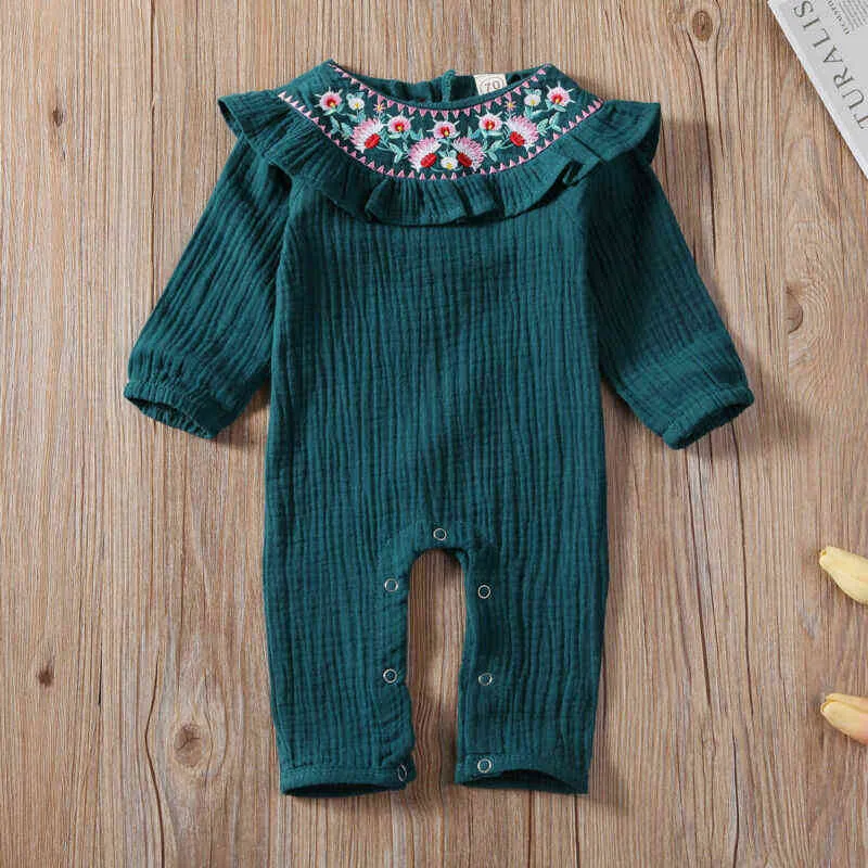 2020 Solid Lovely Newborn Kids Baby Girls Clothes Ruffle Flower Embroidery Romper Jumpsuit Outfits Spring Autumn Clothes 0-18M G220521