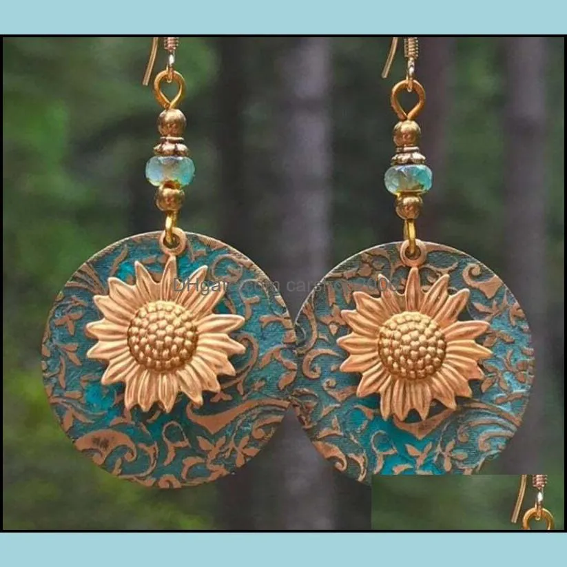 Sunflower Dangle Earrings Blue Round Ear Pendants Lady Double Deck Earring Fashion Bohemia Jewelry Retro Alloy