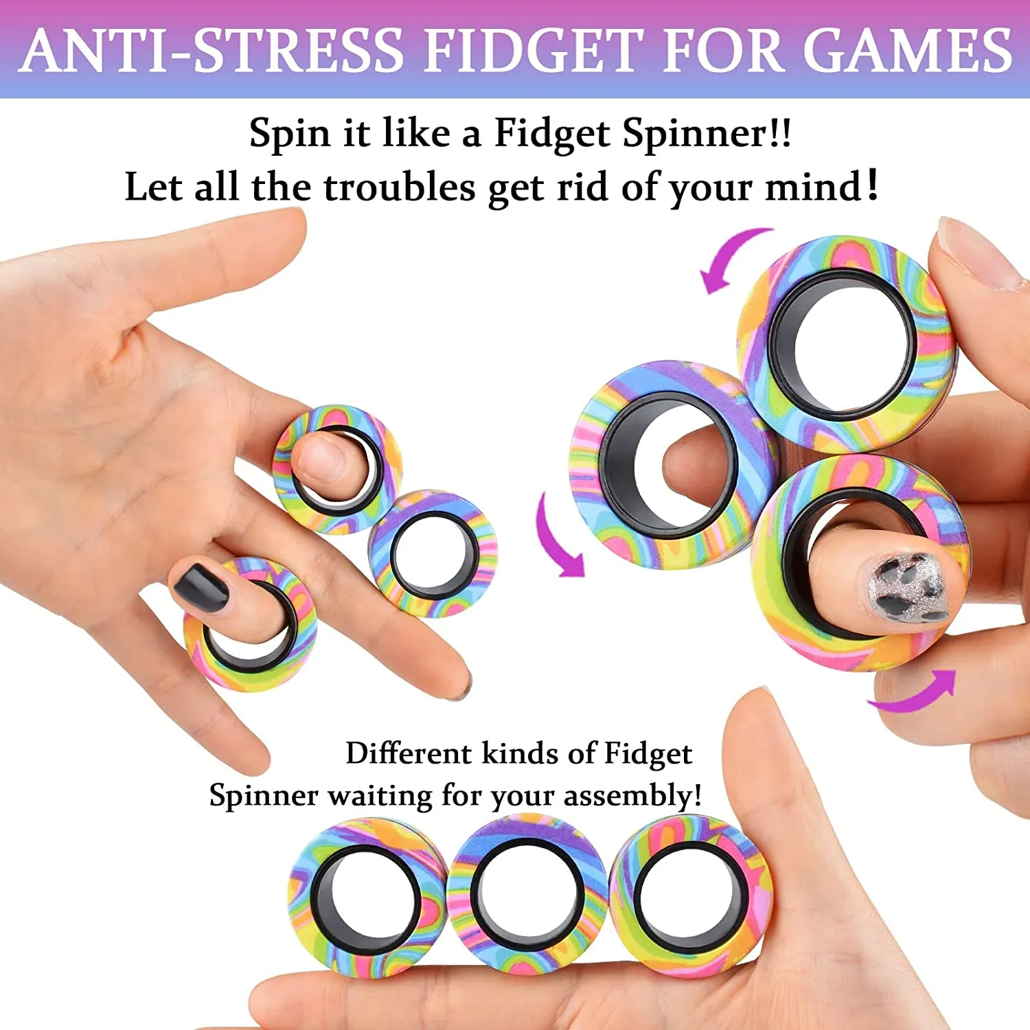 Set di anelli magnetici Creativo ADHD Ansia Sollievo dallo stress Anello magnetico Fidget Anello rotante per ansia Sollievo Terapia Giocattoli da dito Regali per adolescenti Bambini 3 pezzi xm