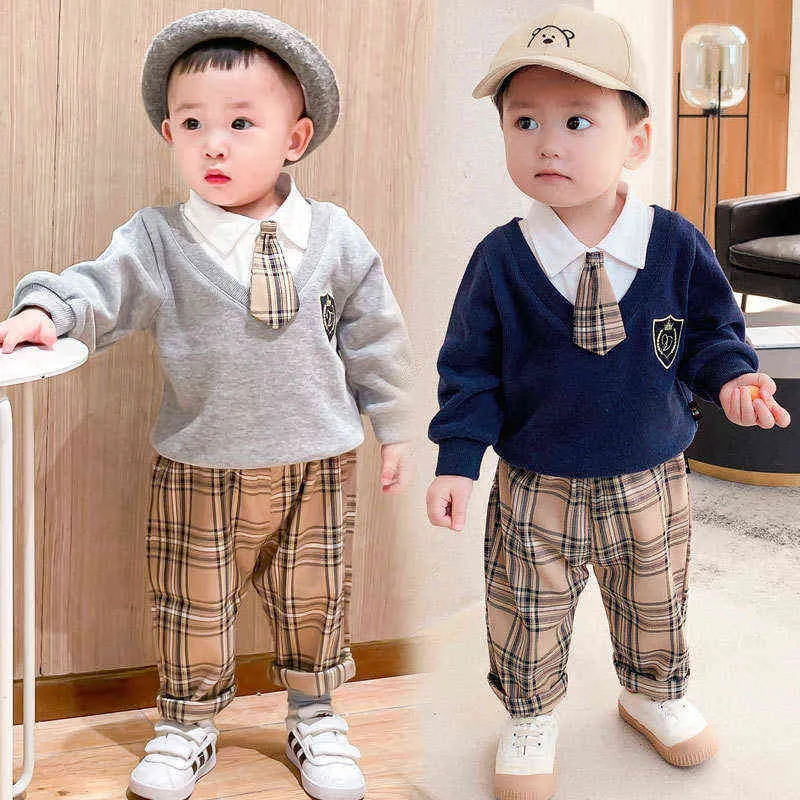 Primavera Autunno Baby Boy Clothes Set manica lunga Falso 2 pezzi top + pantaloni 2 pezzi Abiti Abito in cotone per vestiti da ragazzo Gentleman Cravatta G220509