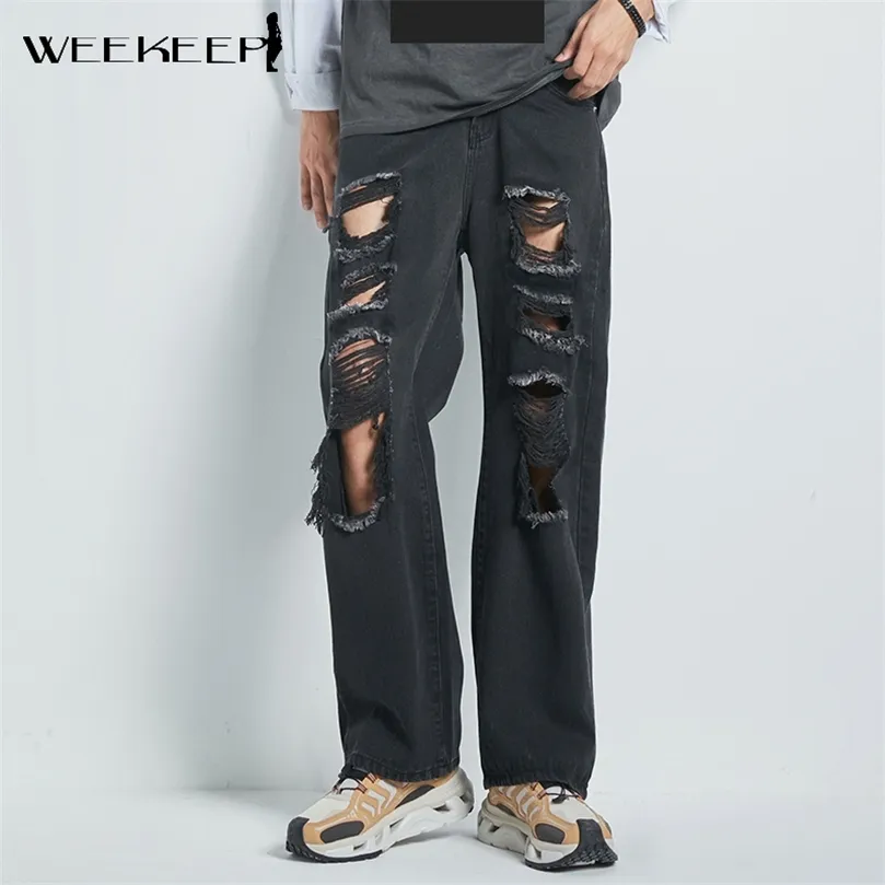 Weekeep Vintage déchiré trou Jeans femmes Baggy découpé taille haute Denim pantalon été coréen Y2k Streetwear mode droite Jeans 220815
