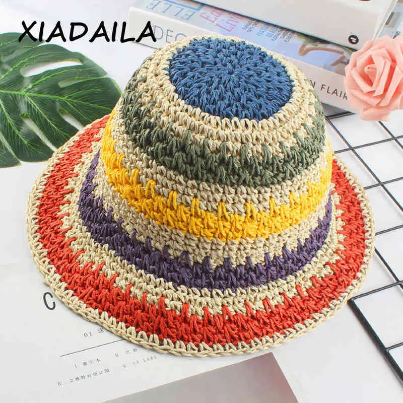 2020 Summer Women's Bucket Hat Paille faite arc-en-ciel Crochet pliable parent-enfant Panama chapeau enfants femme plage pare-soleil Cap G220418