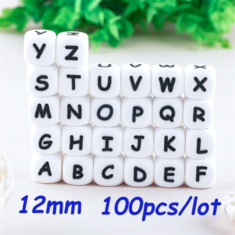 SUNRONY12mm 100st Silicone Letters Pärlor Engelska Alfabetet Baby TEETER för personligt namn DIY PACIFIER CLIP -leksaker 220815