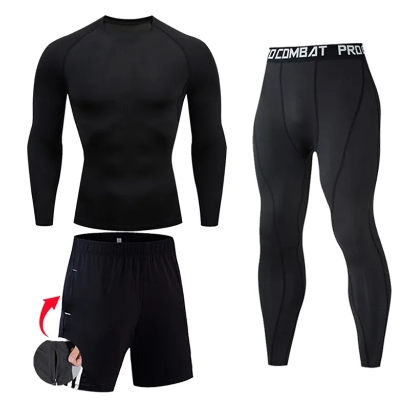 3 PCS / SETS RUN RUND COLLS MMA T-shirt Tactical Gym Leggings Jogging Sports Men Men Gym Fitness Compression Brand de marque 220518