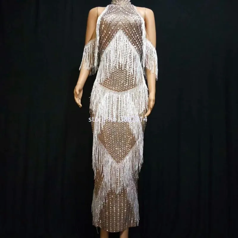 Scena noszona pełna sznurka srebrna fringe sukienka Kobieta wieczór seksowna poza ramionami bodycon długie sukienki Prom Birthday Celebrity Stroitst