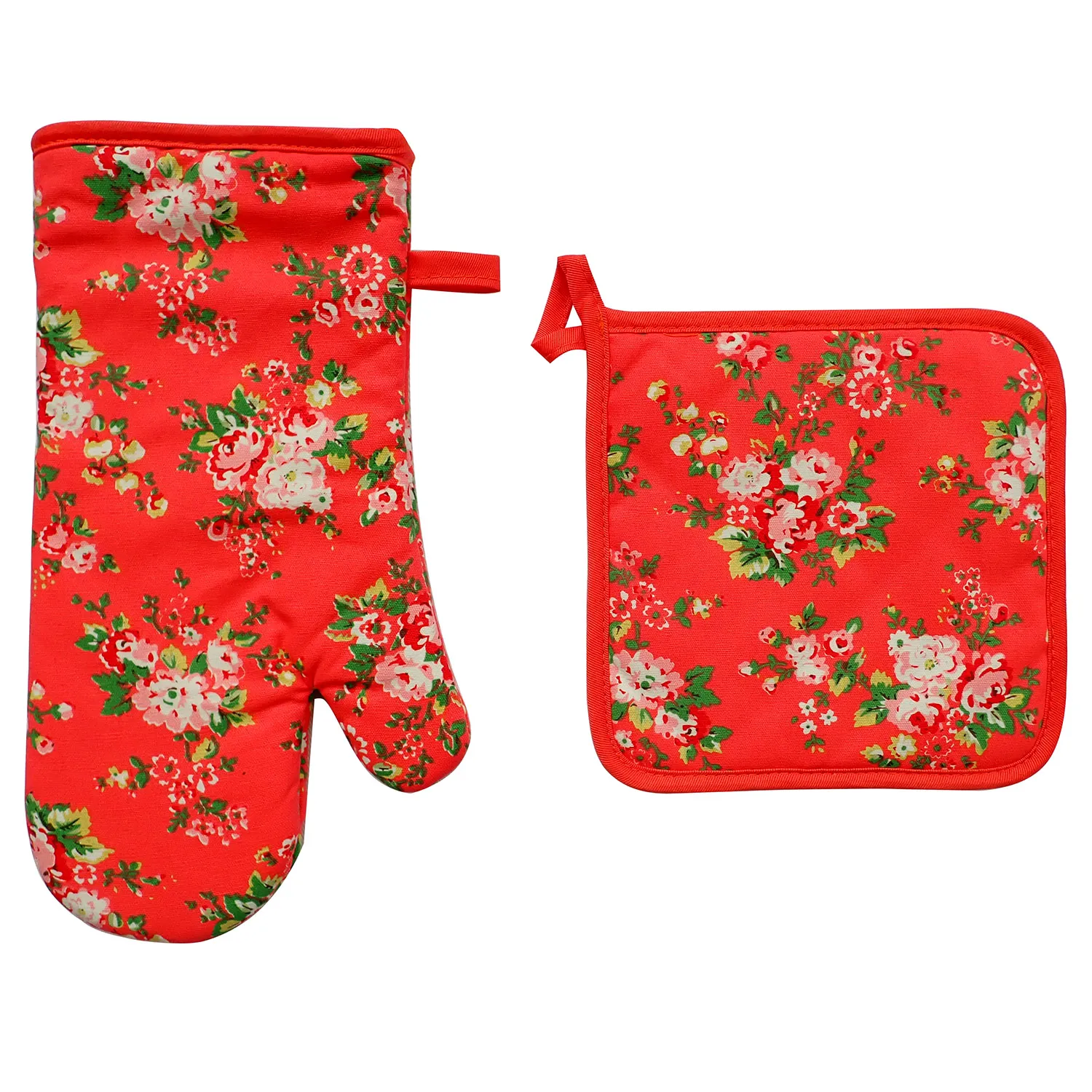 Ensemble de 2 gants de cuisine 17x32cm et manique 20x20cm fleur rouge