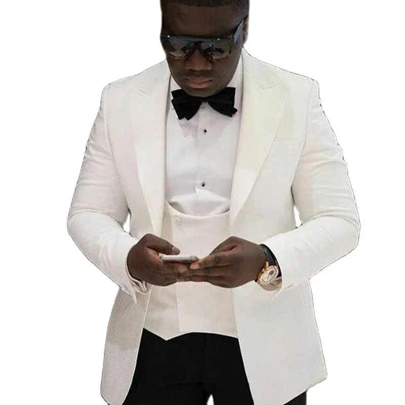 Slim Fit White Men Suits For Prom Wedding Groom Tuxedos 3 -stycken Male Fashion Jacket Waistcoat med svarta byxor Elegant2730