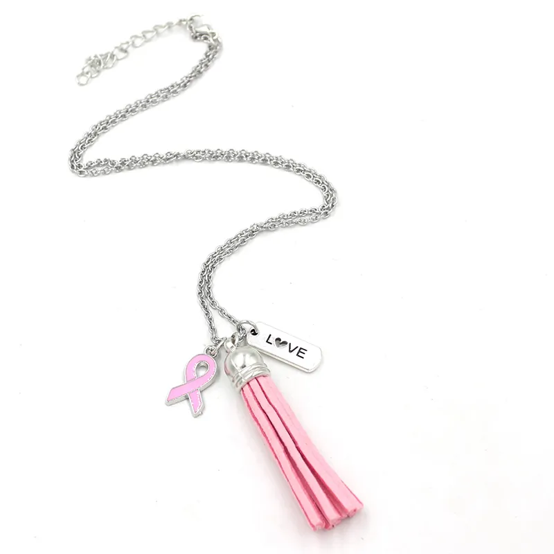 Partihandel ny ankomst medvetenhet smycken rosa tofs ribbon kärlek hänge charms bröstcancer halsband för kvinnliga smycken