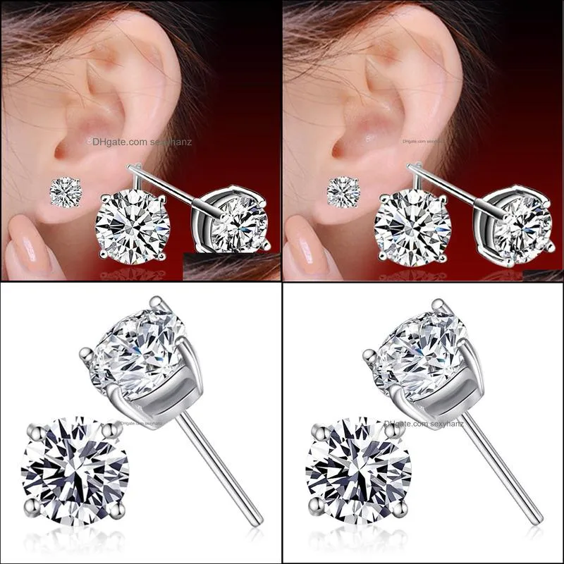 Fashion Bling Four Claws CZ Crystal 925 Sterling Silver Stud Earrings For Girls Women Zircon 6MM Jewelry