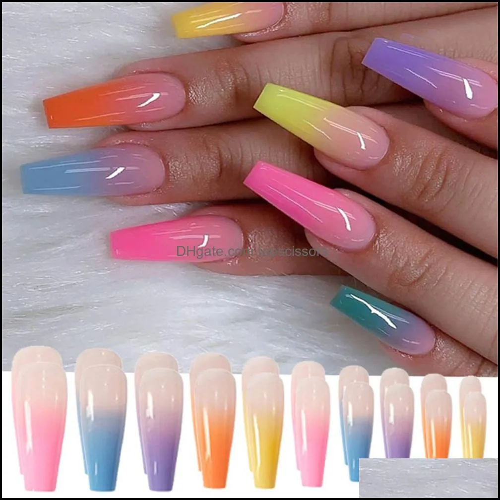 Faux Ongles Nail Art Salon Santé Beauté 24Pcs / Set Embouts Réutilisables Fl Er Rainbow Gradient Avec Designs Appuyez Sur Faux Extension Drop Delivery
