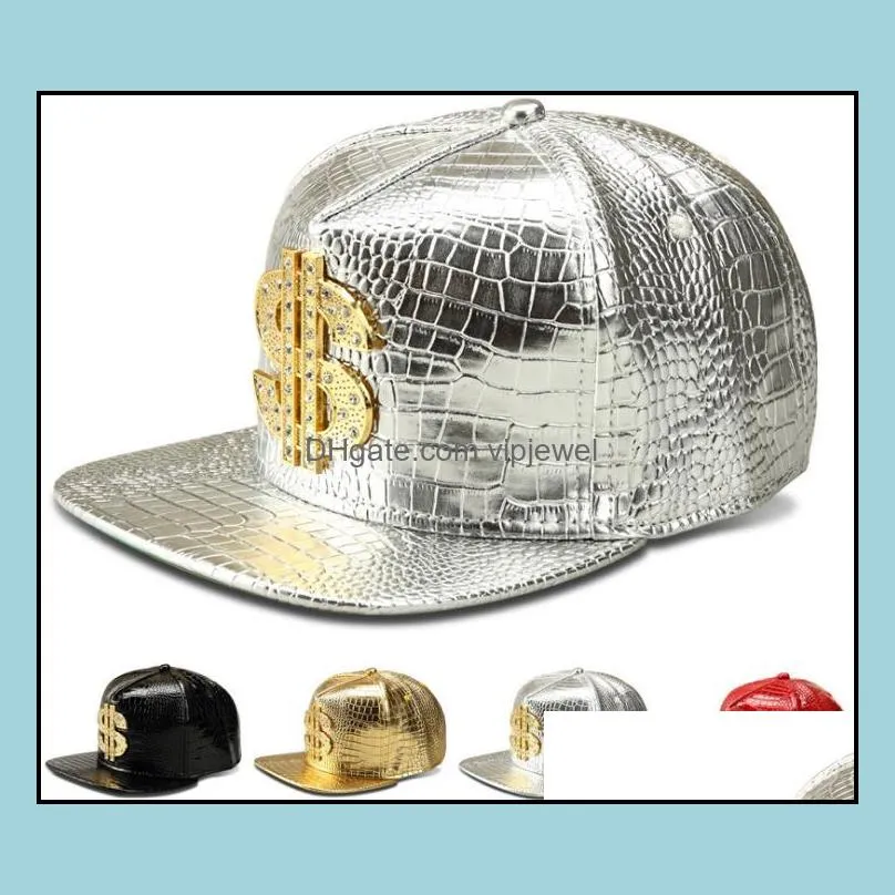 Luxury PU Leather Hip Hop Hats Crocodile Grain Ball Cap Snapback Golden $ Logo DJ Baseball Caps Punk Hiphop Hat for Men Women Outdoor Sport