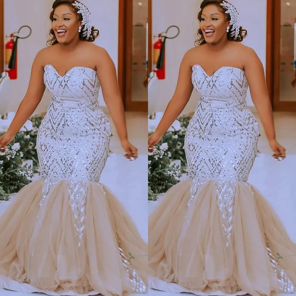 2022 Plus Size Arabo Aso Ebi scintillante sirena sexy abiti da ballo in pizzo con paillettes da sera festa formale secondo ricevimento compleanno abiti di fidanzamento vestito ZJ216