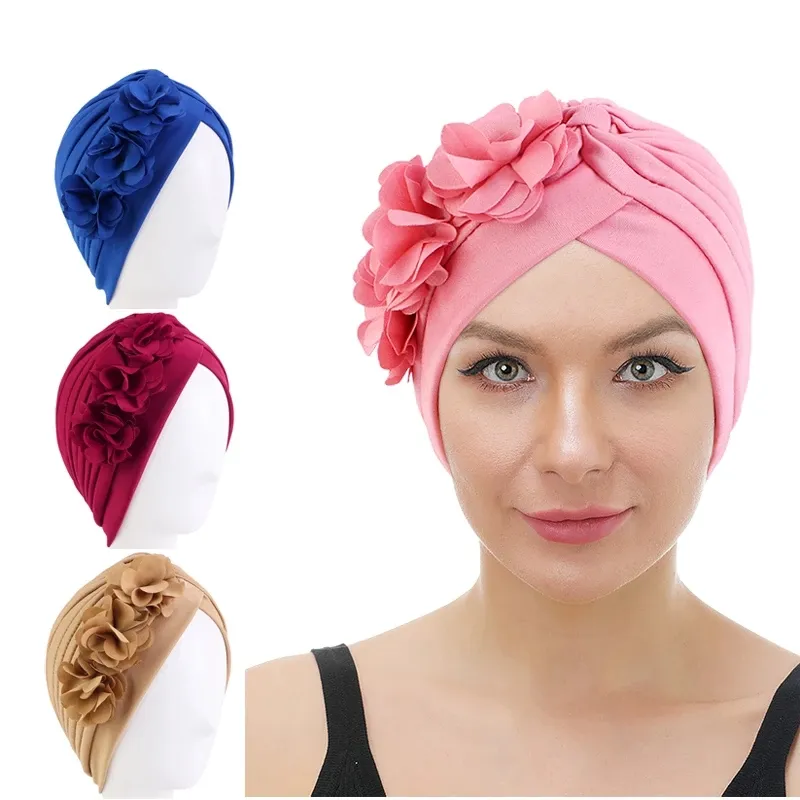 Nya ruffle blommor muslimska turban kvinnor hattar afrikanska headwrap damer håravfall huvudbonader hijib cap femme musulman turbante mujer