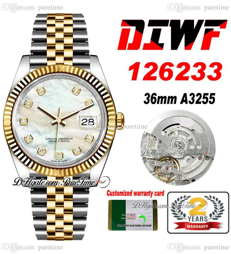 DIWF 36mm 126233 SA3235 Montre Automatique pour Homme Deux Tons Or Jaune Lunette Cannelée MOP Diamants Cadran Acier 904L Jubileesteel Bracelet Super Edition Montres Puretime D4