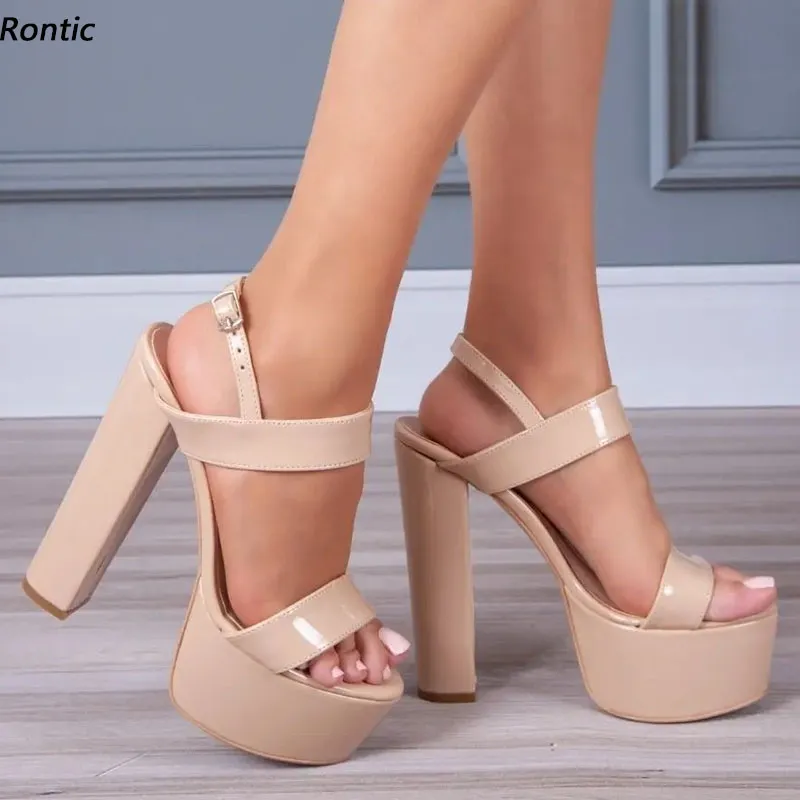 Rontic Handgjorda Kvinnor Plattform Sandaler Buckle Strap Chunky Heels Open Toe Pretty Beige Vit Casual Shoes Ladies US Storlek 5-20