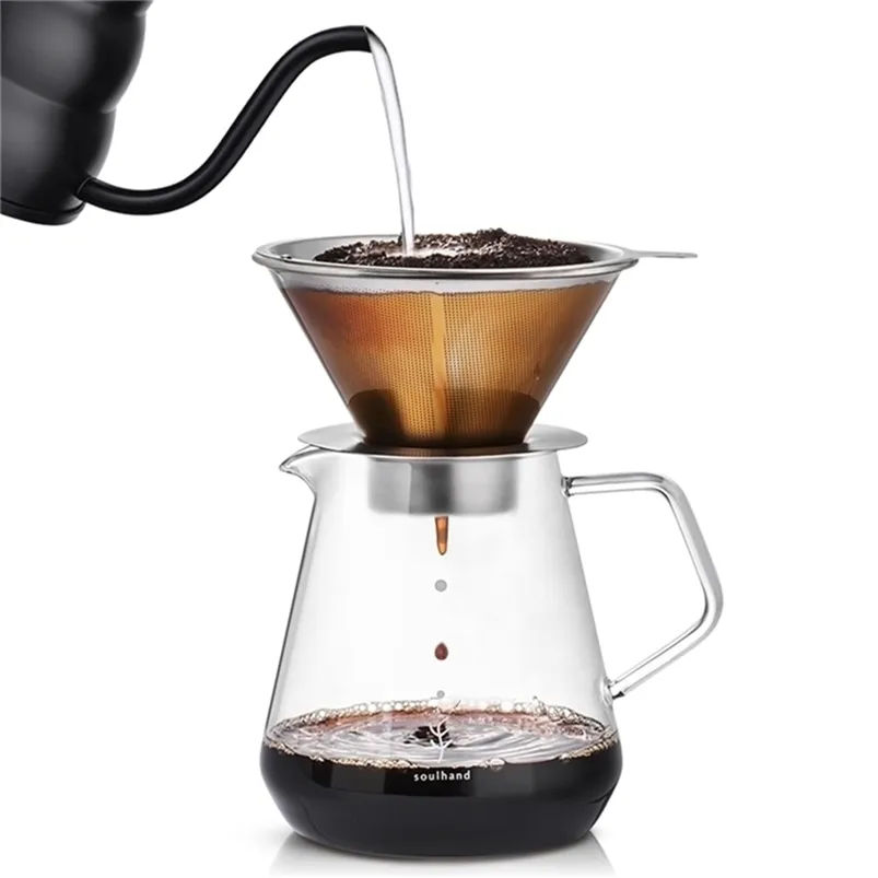 800ml Glass Coffee Kettle Cafe Brewer Pour Over Coffee Maker Pot Dripper Barista with Stainless Filter and Scoop Cafeteria 210408