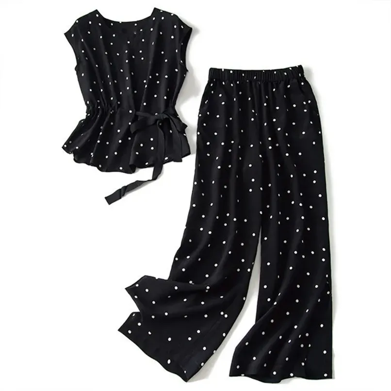 Women's suit vintage casual chiffon lace up sleeveless top polka dot high waist wide leg Women's pants set woman 2 pieces 220423