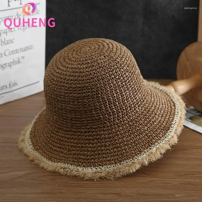 Wide Brim Hats QUHENG Woven Straw Hat Ladies Raffia Raw Edge Outdoor Sunshade Beach Sun For Woman Foldable M94 Delm22