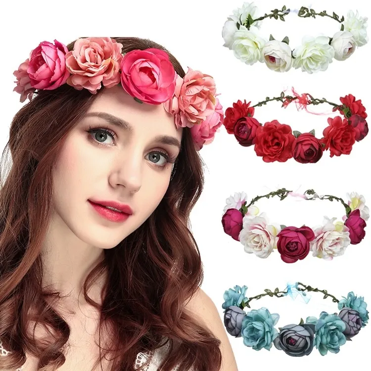 Hochzeit Brautblumenblume Kopfstücke Red Rose Crown Kopfbedeckung Königin Haarzubehört