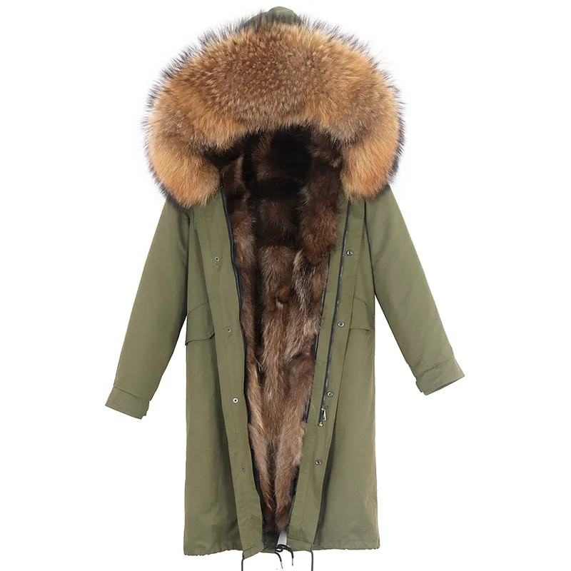 本物の毛皮のコート冬ジャケット女性パーカーウォータープルーフライナー天然アライグマカラーデタッチ可能なアウターウェア201125