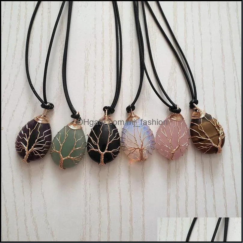 natural agate rose quartz crystal stone pendant wire wrap handmade tree of life drop gold silver color pendant necklac mjfashion