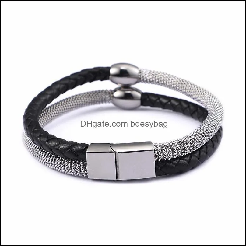 tennis 21.5cm vintage braided leather bracelets for men stainless steel silver mesh chain wrap homme unique jewelry