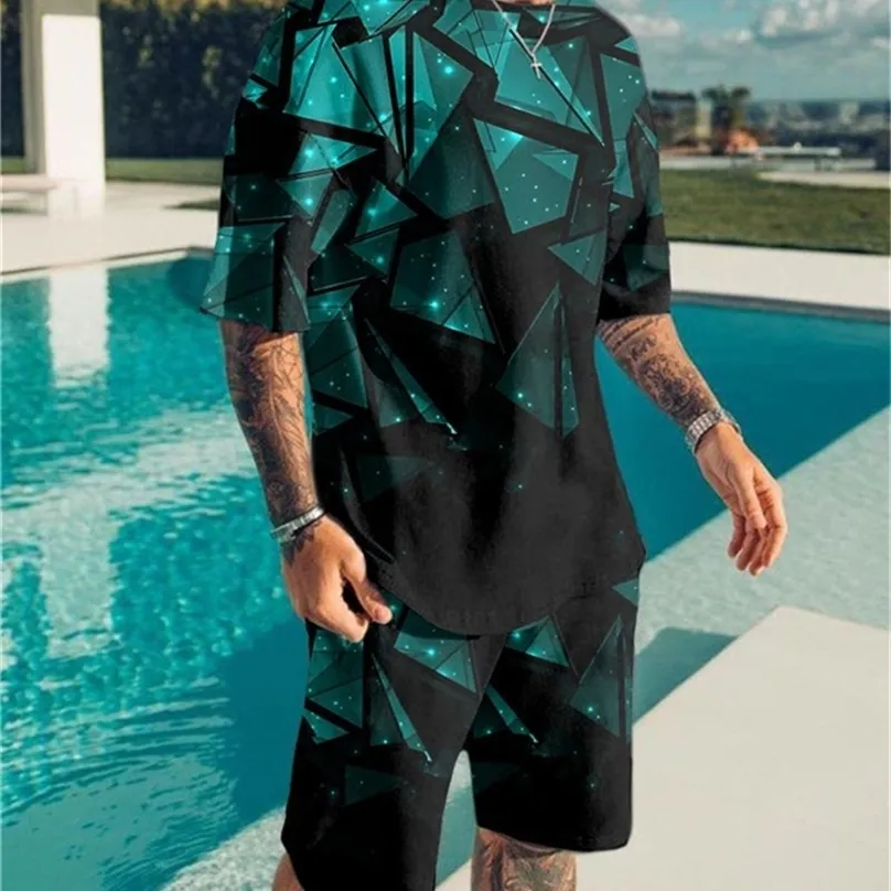 Mens sets zomer korte mouw t -shirt pak mode 2 -stuk streetwear 3d print sport strand shorts tracksuit mannelijke kleding 220608